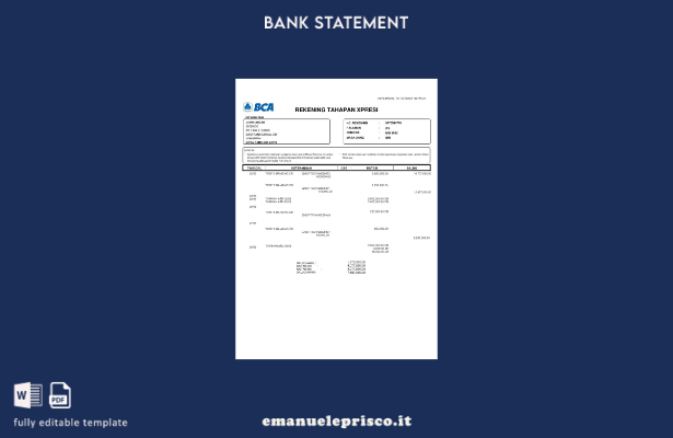 modello word di estratto conto bancario BCA Indonesia stile verificato